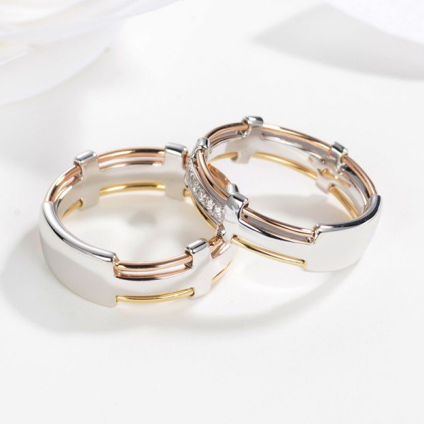 18K三色彩金天然鑽石男女對戒