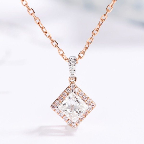 18K玫瑰金天然公主方形鑽石項鍊