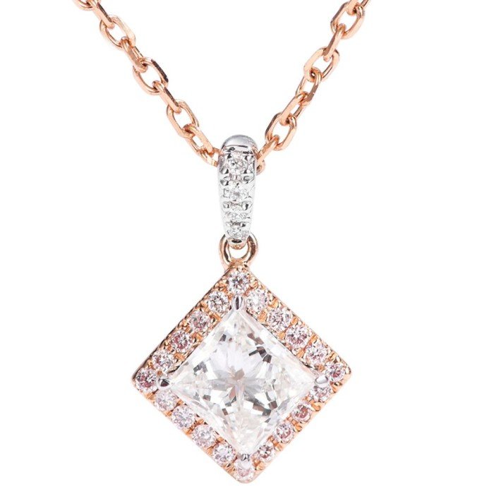 18K玫瑰金天然公主方形鑽石項鍊 18K玫瑰金天然公主方形鑽石項鍊